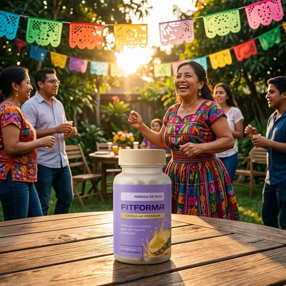 Mujer de unos 50 años con un vestido colorido bailando y riendo en una fiesta familiar